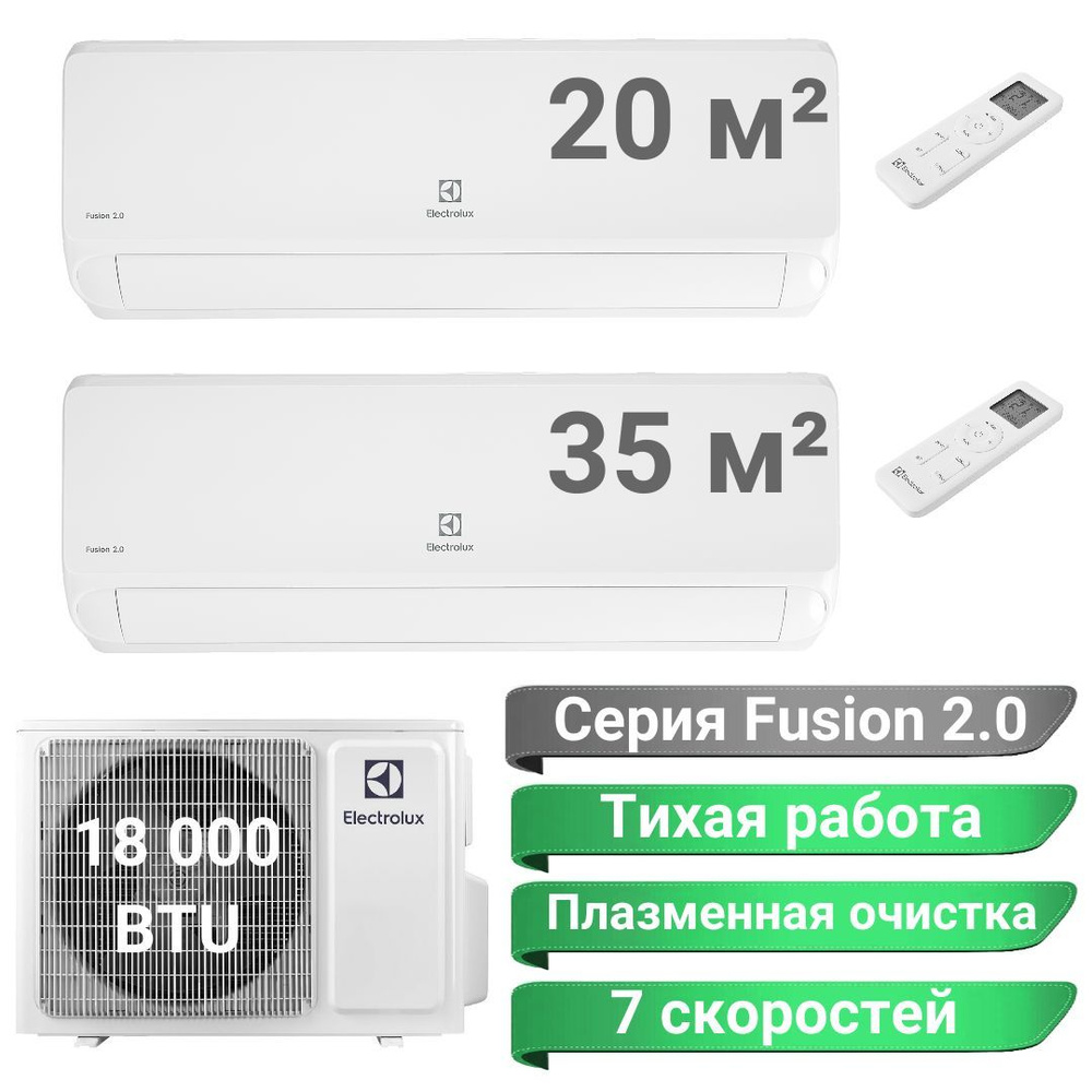 Инверторная мульти сплит-система Electrolux Fusion 2.0 на 2 комнаты (20м2 +  35м2), 18 000 BTU