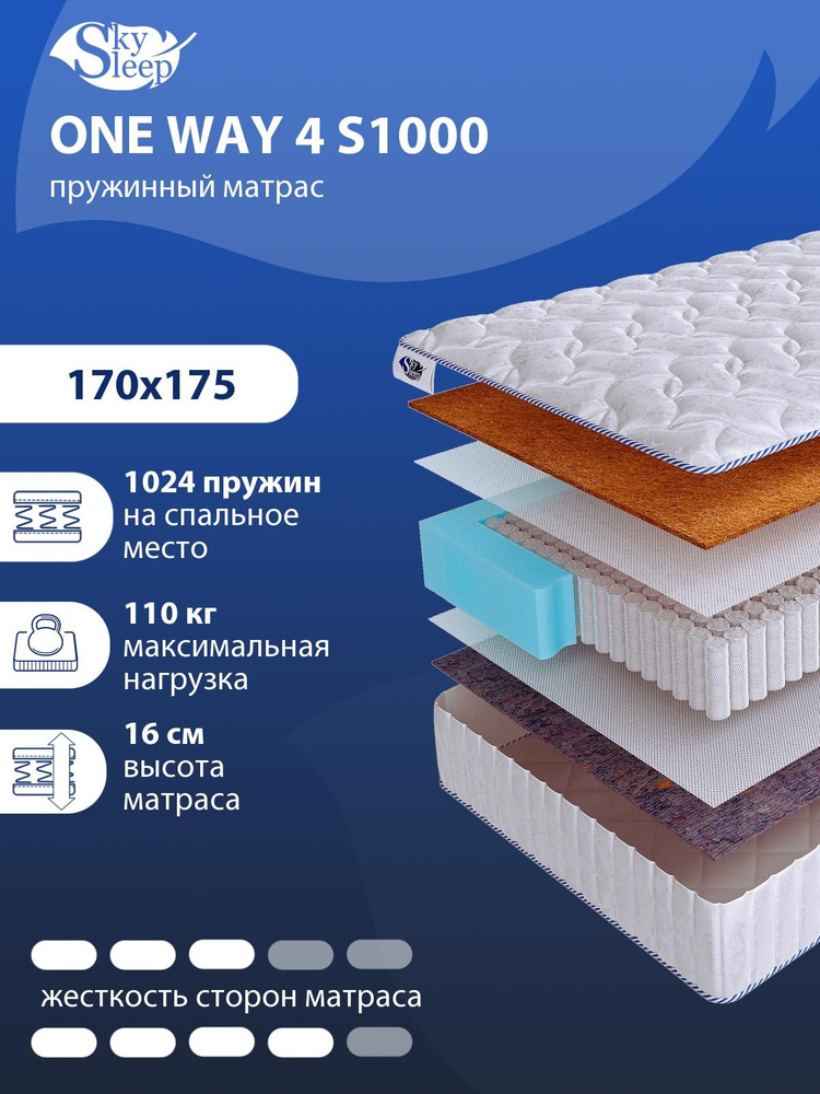 Матрас, Односторонний матрас SkySleep ONE WAY 4 S1000 выше средней и средней жесткости, Двуспальный, #1