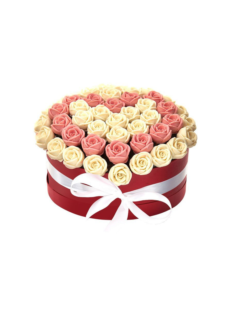 Шоколадные съедобные сладкие розы 51 шт. CHOCO STORY в Красной Шляпной коробке: Белый и Розовый Бельгийский #1