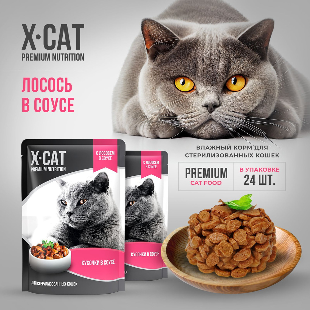 Влажный корм для кошек X-CAT, Лосось в соусе, для кастрированных и  стерилизованных, 24 шт по 85 г купить на OZON по низкой цене (1006085970)