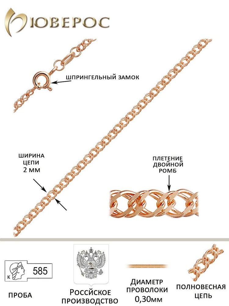 Юверос Цепочка Золото красное 585 пробы, плетение Двойной ромб  #1