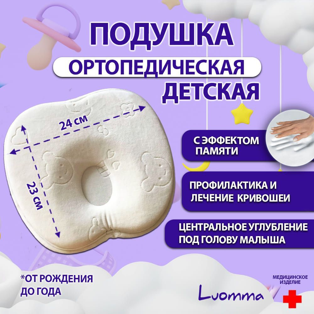 Подушка ортопедическая детская с эффектом памяти для детей от рождения до года Luomma 23х24 см. Подушка #1
