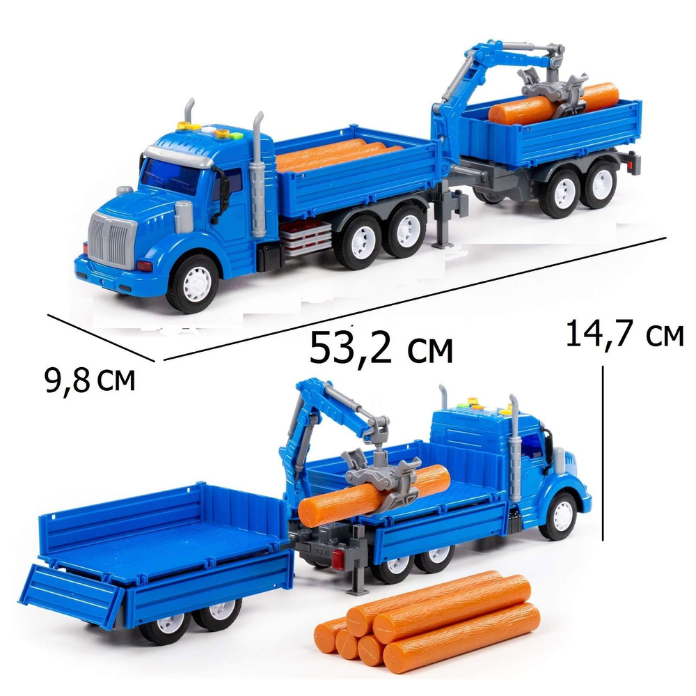 Детская машинка бортовой грузовик автопоезд с прицепом - лесовоз с  захватом-манипулятором и 7-ю бревнами Профи - 53 см (инерционный ход,  свет+звук) -синий - купить с доставкой по выгодным ценам в  интернет-магазине OZON (1057348334)