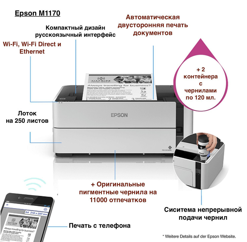 Принтер Epson M1170, Монохромный печать, купить по низкой цене: отзывы,  фото, характеристики в интернет-магазине OZON (759607931)