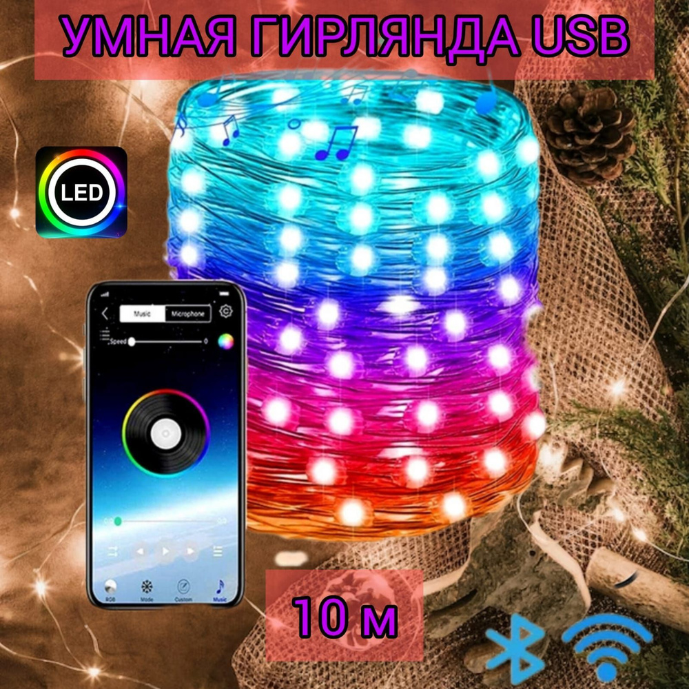 Умная KICT Гирлянда новогодняя светодиодная RGB управление со смартфона,  для елки украшения для дома - купить по выгодной цене в интернет-магазине  OZON (1176436828)