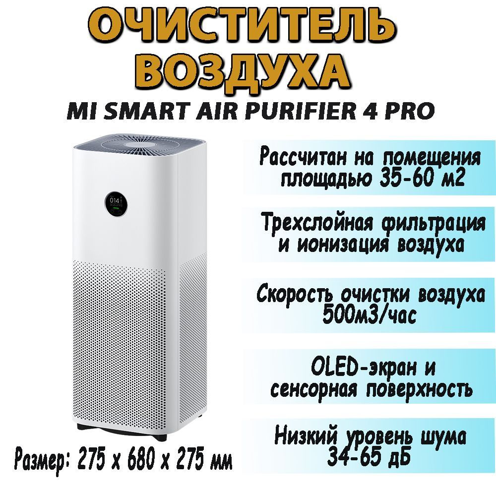 Xiaomi Очиститель воздуха Очиститель воздуха Xiaomi Smart Air Purifier 4  Pro, EU-Русская версия, Рассчитан на площадь: 35-60 кв.м,  Производительность: ...