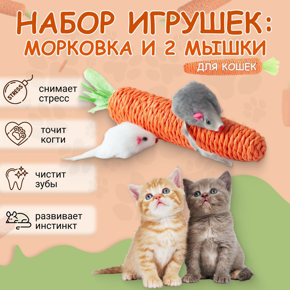 Игрушки для кошек: морковка и мышки.