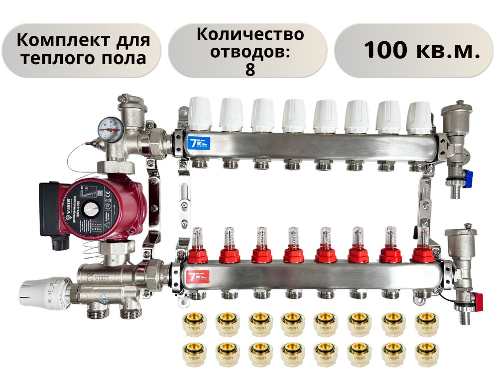 КОМПЛЕКТ ViEiR для теплого пола водяного: Коллектор из нержавеющей стали на 8 выходов с расходомерами #1