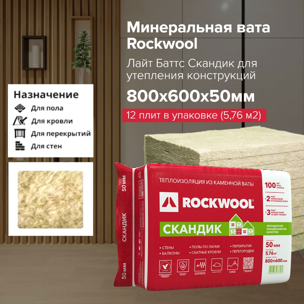 Каменная вата Rockwool 50мм - 5,76м2/уп, базальтовый утеплитель Лайт Баттс  Скандик 800х600мм, 12шт для фасада кровли стен балкона, слоистая кладка