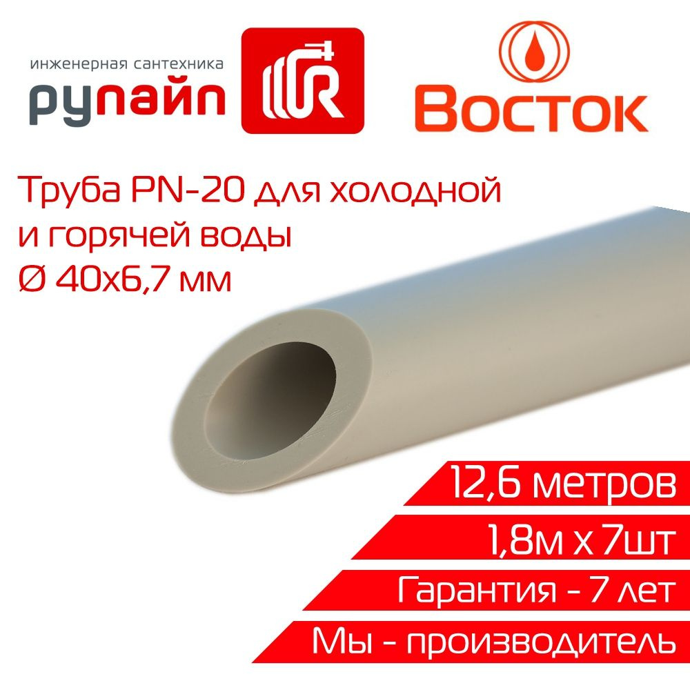 Труба полипропиленовая 40х6,7 мм, PN-20, 7 отрезков по 1,8 метра, серая,  ВОСТОК - купить по выгодной цене в интернет-магазине OZON (1249121953)