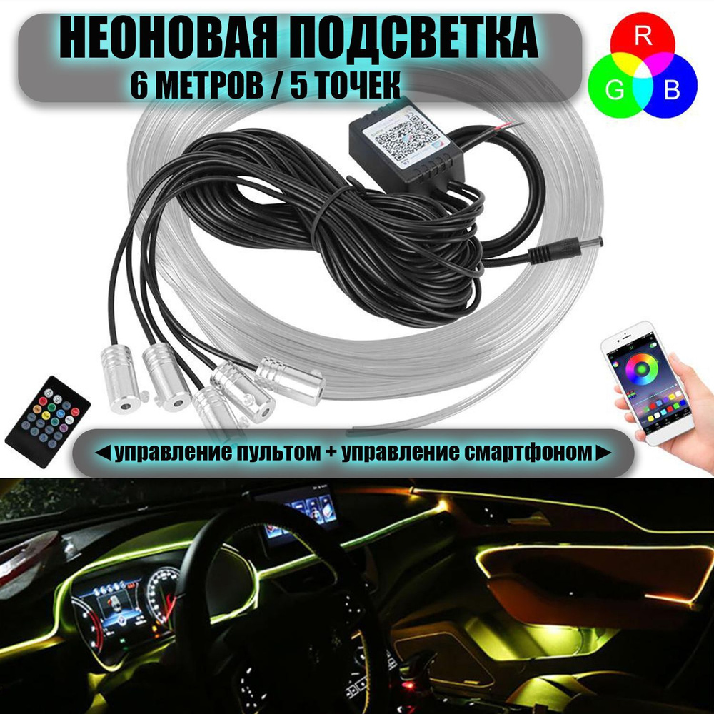 Контурная подсветка салона автомобиля RGB 777 светодиодная/ пульт ду,  приложение, 5 диодов, 6 метров