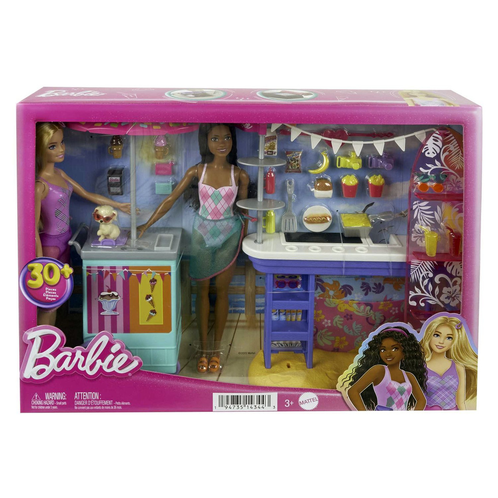 Игровой набор Barbie - Кафе на пляже (в наборе 2 куклы, кухня, тележка с  мороженым, шкаф, фигурка собачки и 30 аксессуаров), серия Beach, возраст  3+, ...