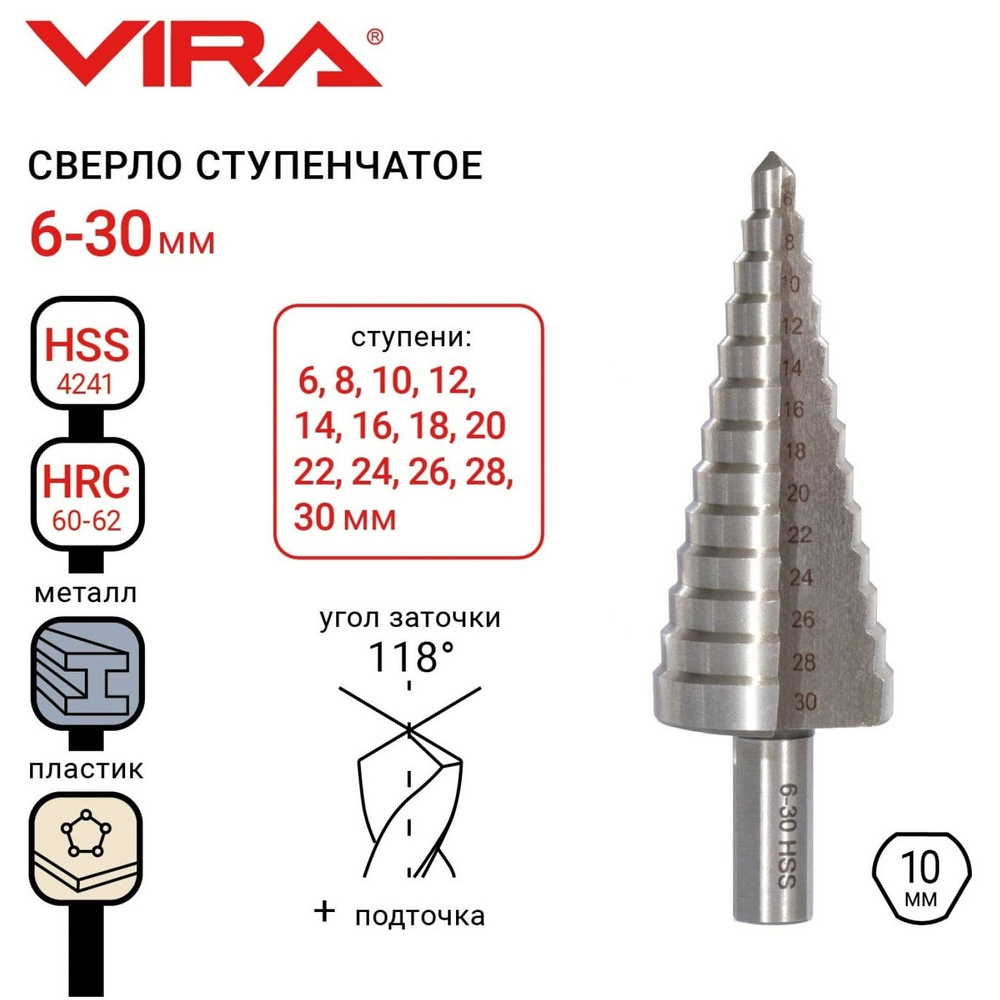 Сверло ступенчатое с трехгранным хвостовиком 6-30 мм VIRA #1