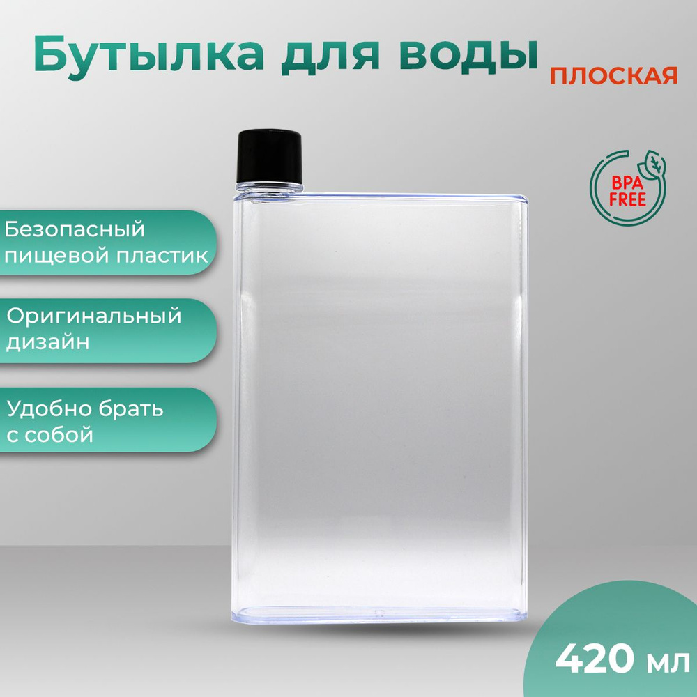 Бутылка для воды, плоская, прозрачная, 420 мл.