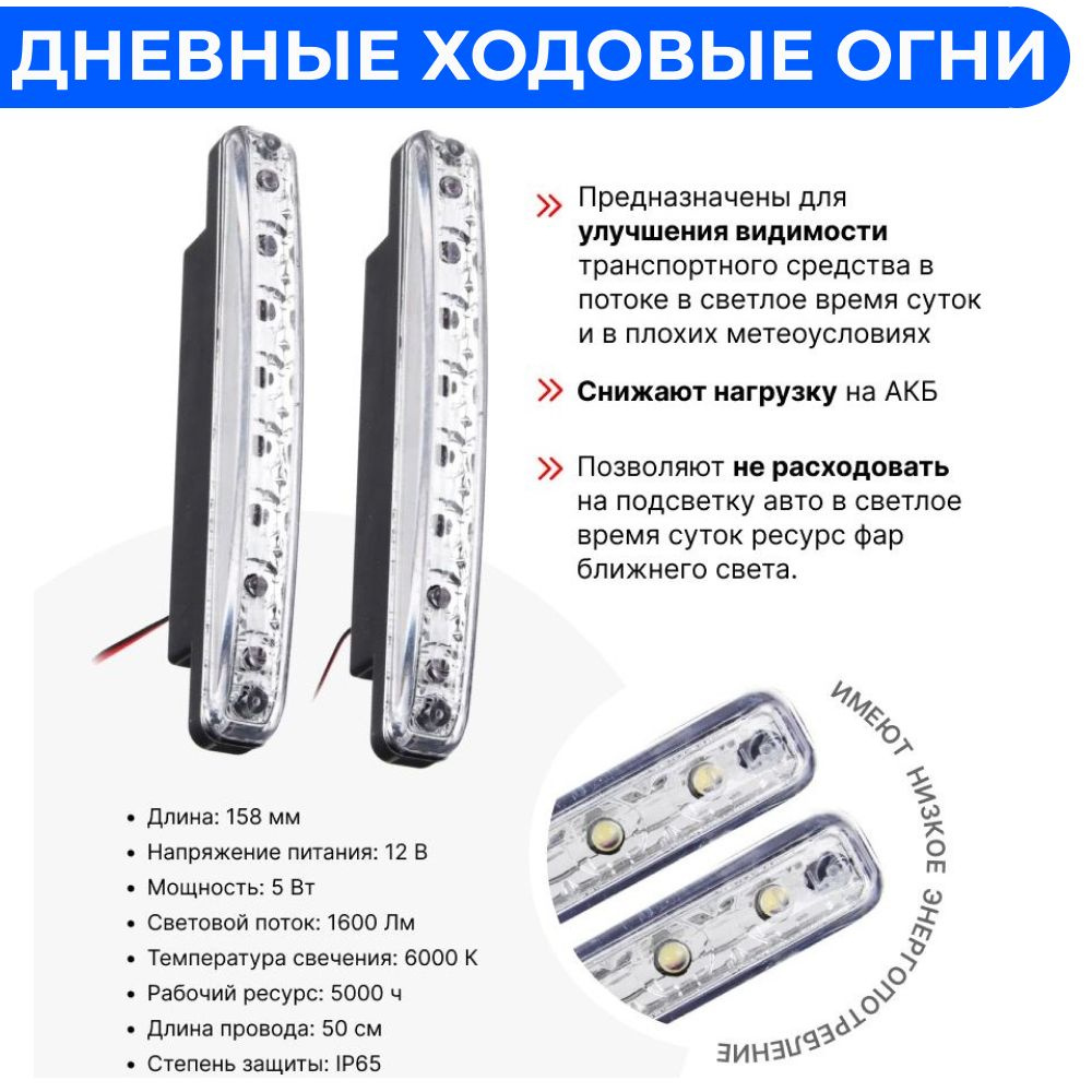 Дневные ходовые огни для автомобиля 702-105 LED 8 штук, пластиковый корпус,  158 мм, 12V, белый, 2шт.