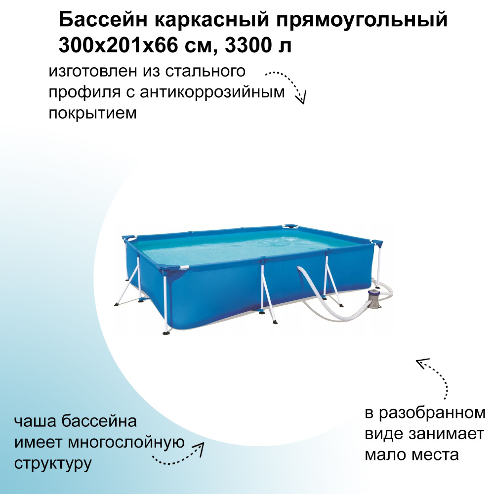 Бассейн каркасный прямоугольный, 300х201х66 см, 3300 л: изготовлен из  стального профиля с антикоррозийным покрытием; хорошо держит форму,  устойчив к ...