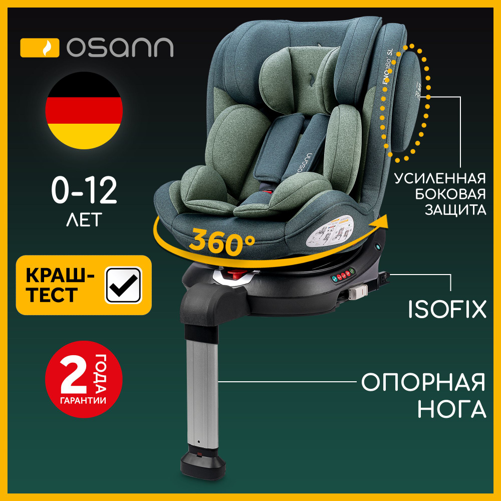 Автокресло детское Osann ENO360 SL Universe Green от 0 до 36 кг, c isofix и  опорой, группа 0+/1/2/3, с рождения и до 12 лет