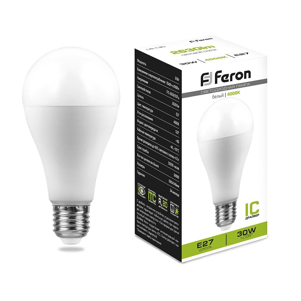 Лампа светодиодная, 30W 230V E27 4000K A80, LB-130, FERON, 5 шт.