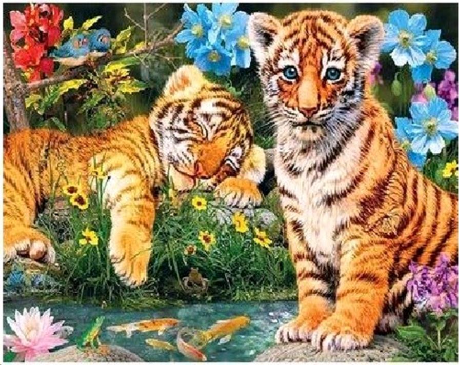 Алмазная мозаика на подрамнике 30x40. Тигрята,полное заполнение.