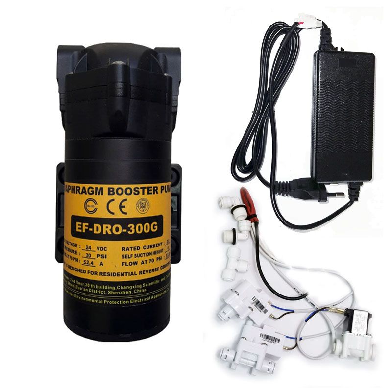 НасосZSDRO-L300G(помпа)+фитингинатрубку1/4"(6,5мм)сдатчиками,соленоиднымклапаномиБлокомПитания24В3АдляфильтрасобратнымосмосомРодничок.