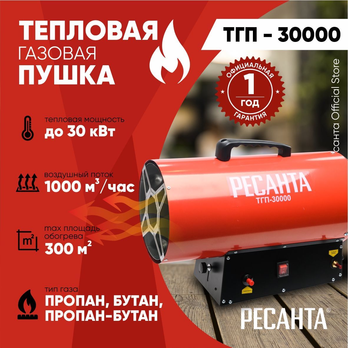 Тепловая газовая пушка ТГП-30000 Ресанта / 1000 м3/ч, мощность 30 кВт /  тепловентилятор / обогреватель для отопления дома - купить по выгодной цене  в интернет-магазине OZON.ru (496356129)