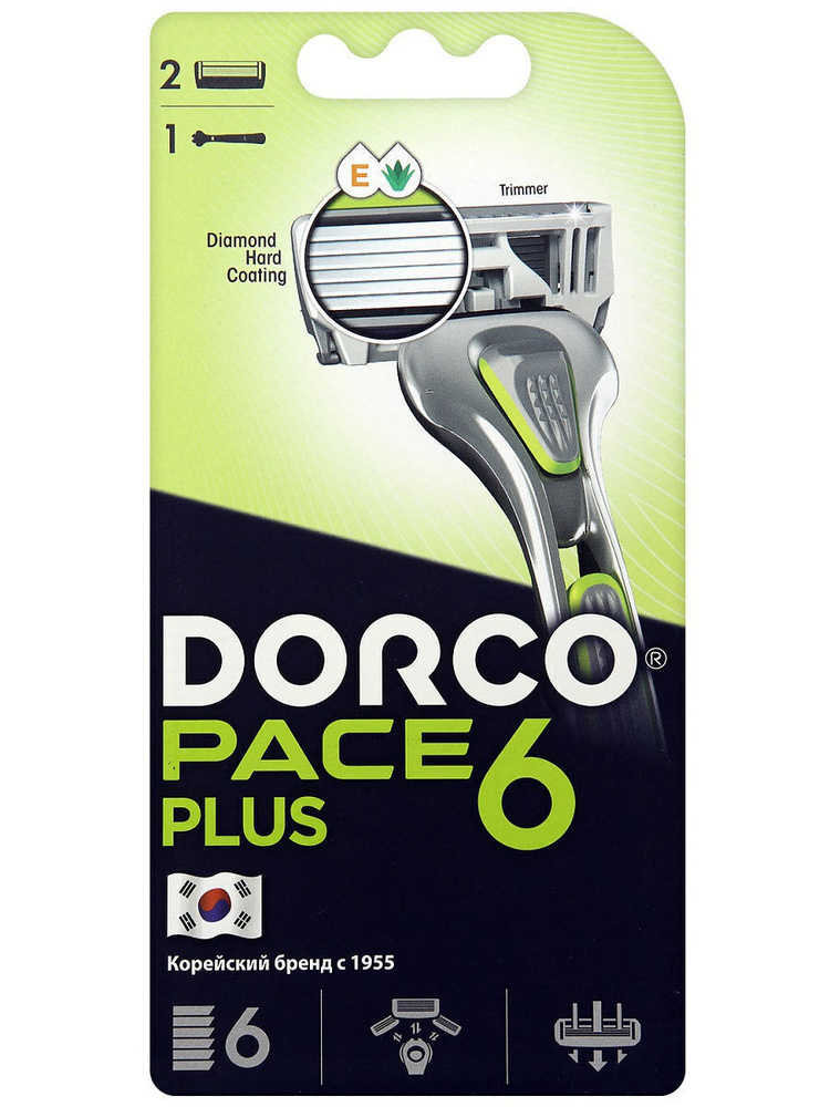 Dorco Бритва PACE6 Plus, 6-лезвийная + лезвие-триммер, крепление PACE, плавающая головка (1 станок, 2 #1