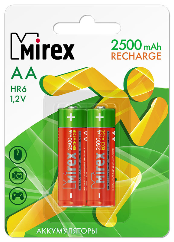 Аккумуляторы Mirex HR6 / AA 2500 mAh / аккумуляторные батарейки пальчиковые, Ni-Mh, 2 шт. в упаковке #1