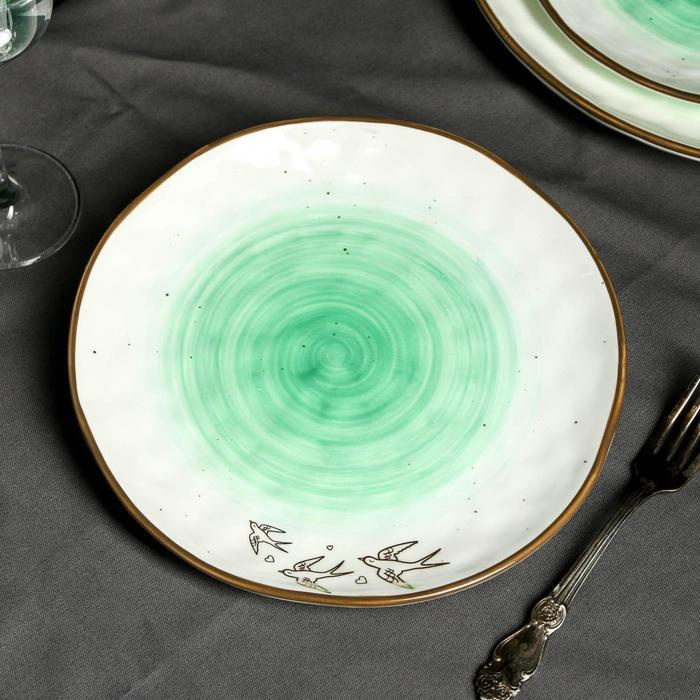 Тарелка керамическая Ласточки, 21.8 см, цвет зелёный #1