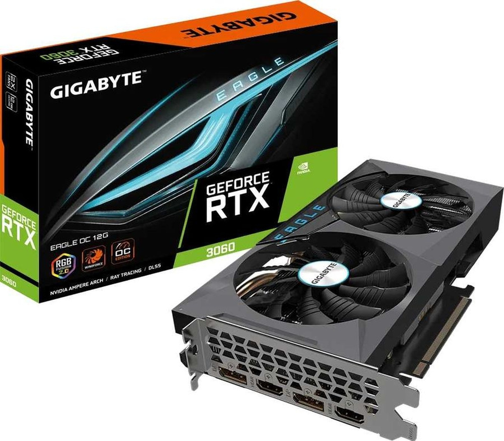 Gigabyte Видеокарта GeForce RTX 3060 12 ГБ (GV-N3060EAGLE OC-12GD 2.0), LHR