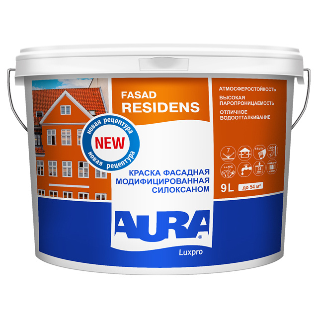 Краска акриловая фасадная AURA Luxpro Residens база TR 9л бесцветная ...