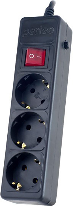 Сетевой фильтр с заземлением и кнопкой Perfeo Power+, 5 м, 3 розетки (черный)  #1