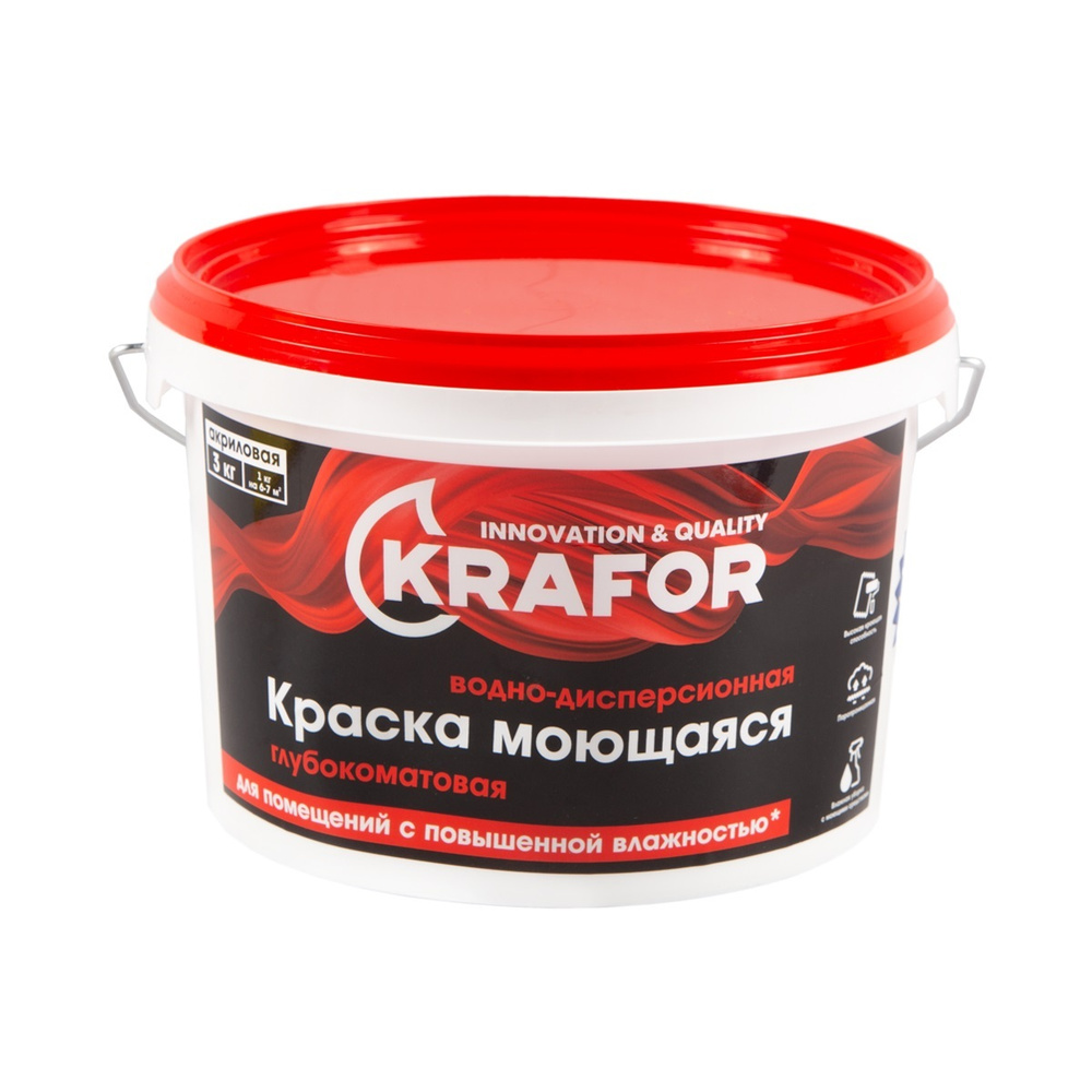 Краска водно-дисперсионная интерьерная моющаяся Krafor, глубокоматовая, 3 кг, белая  #1