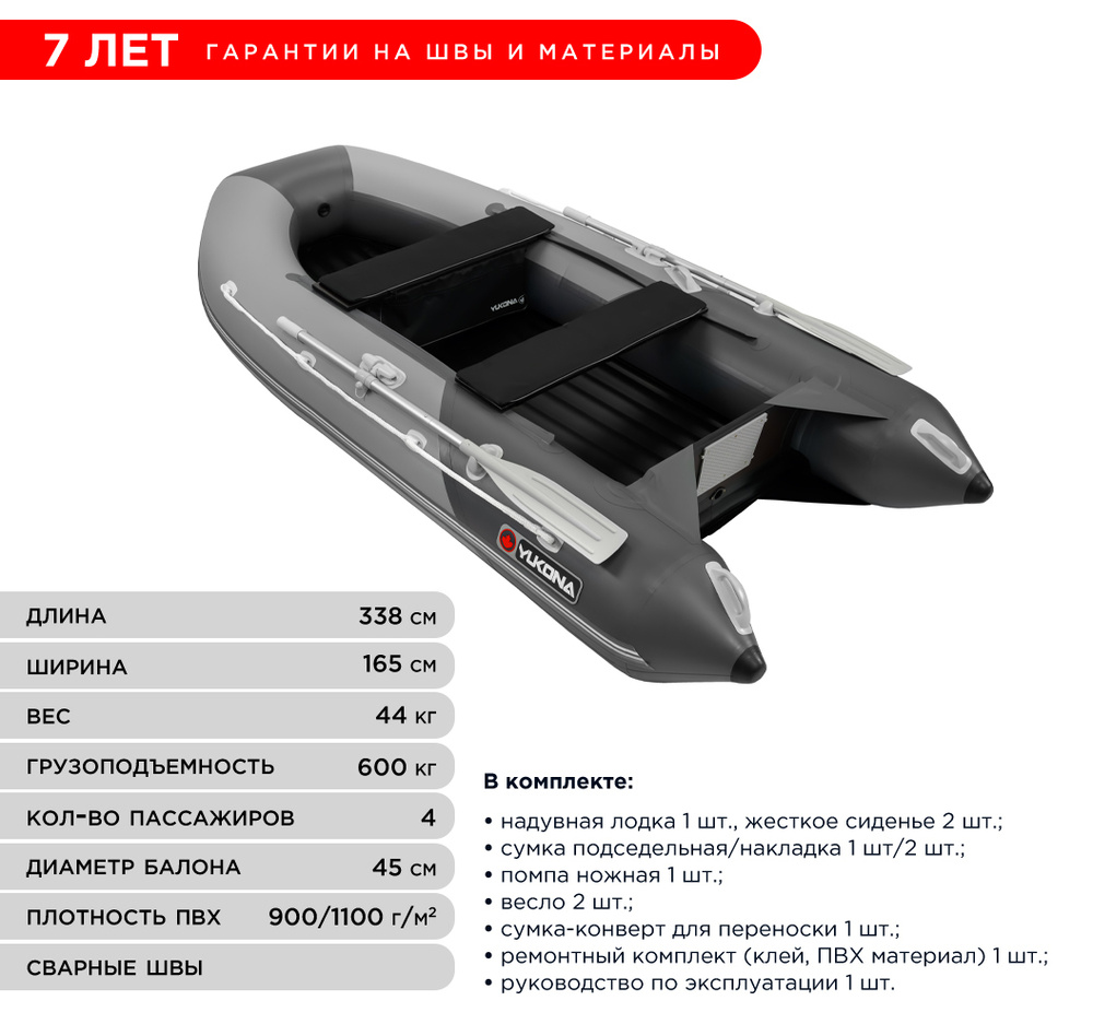 Лодка ПВХ под мотор Yukona 340 НДНД надувная для рыбалки, серая ...