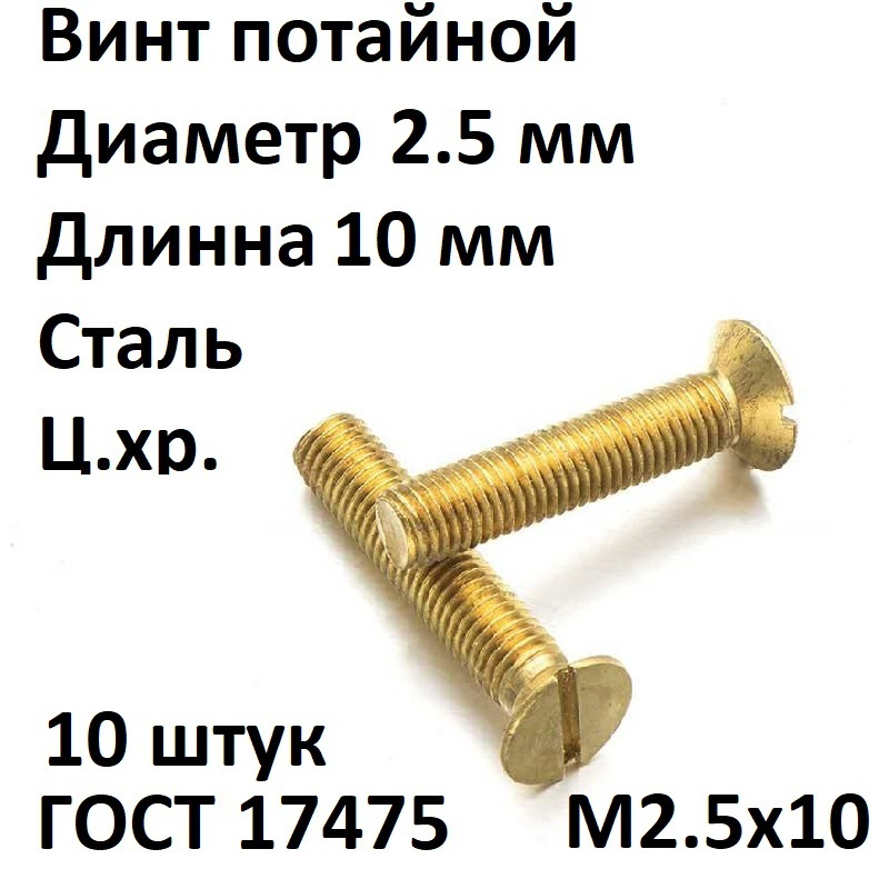 Винт потайной прямой шлиц M2,5х10 ГОСТ 17475-80, 10 шт. #1