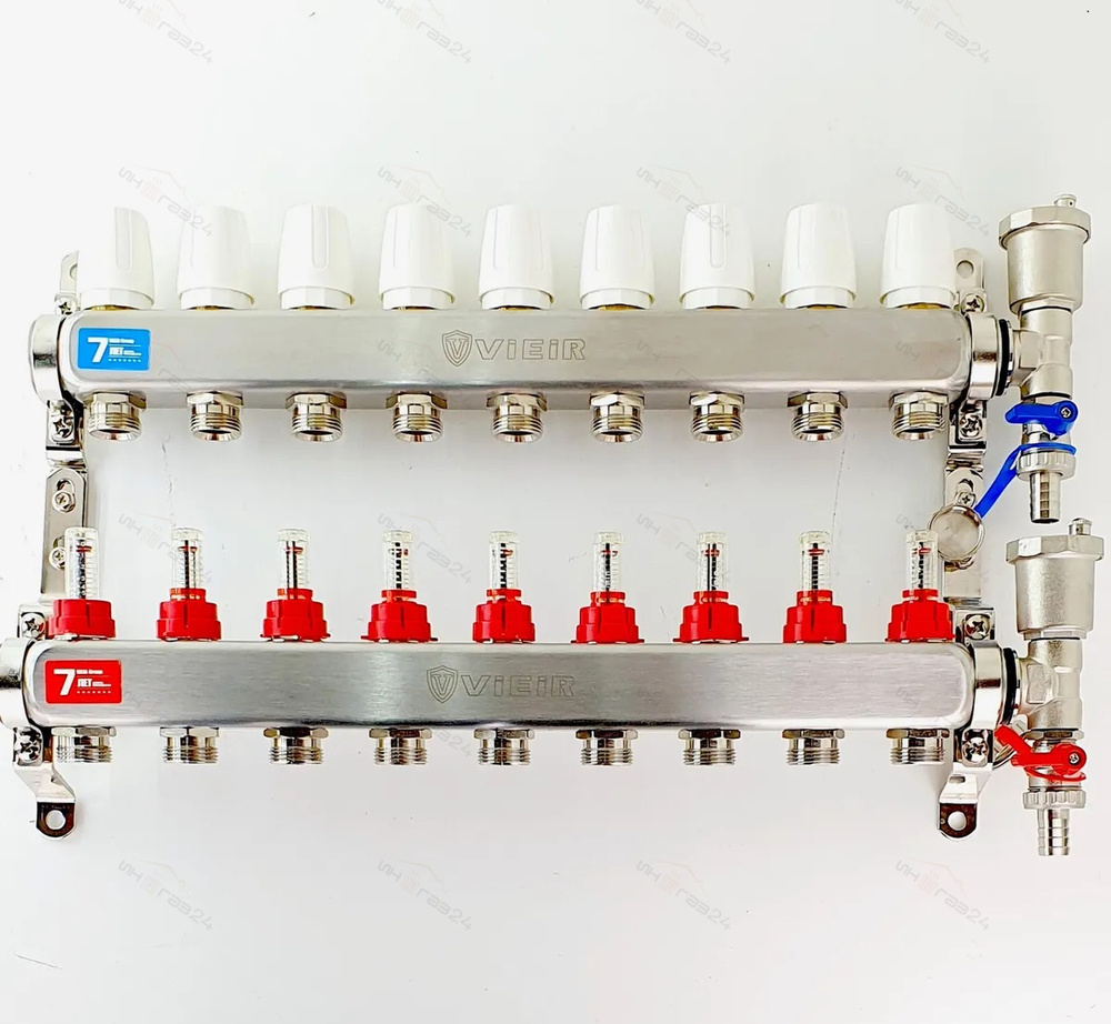 Коллектор для теплого пола 9 контуров в сборе распеределительный с расходометрами 1"x3/4" VIEIR  #1