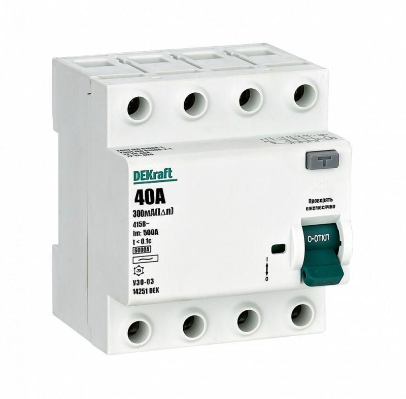 Выключатель дифференциального тока 4P 40А 300мА тип AC 6кА УЗО-03 14251DEK DEKraft 1шт.  #1