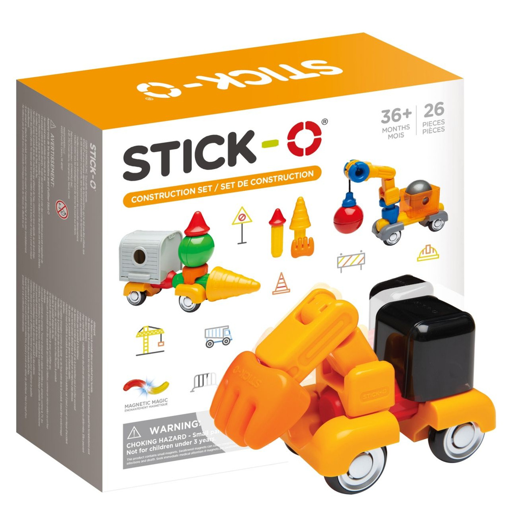 Конструктор STICK-O 902004 Construction Set / 26 деталей / Магнитный  конструктор от создателей Magformers / Техника, транспорт / Развивающая  игрушка из прочного пластика с вращающимися магнитами / Полезный подарок  для детей от