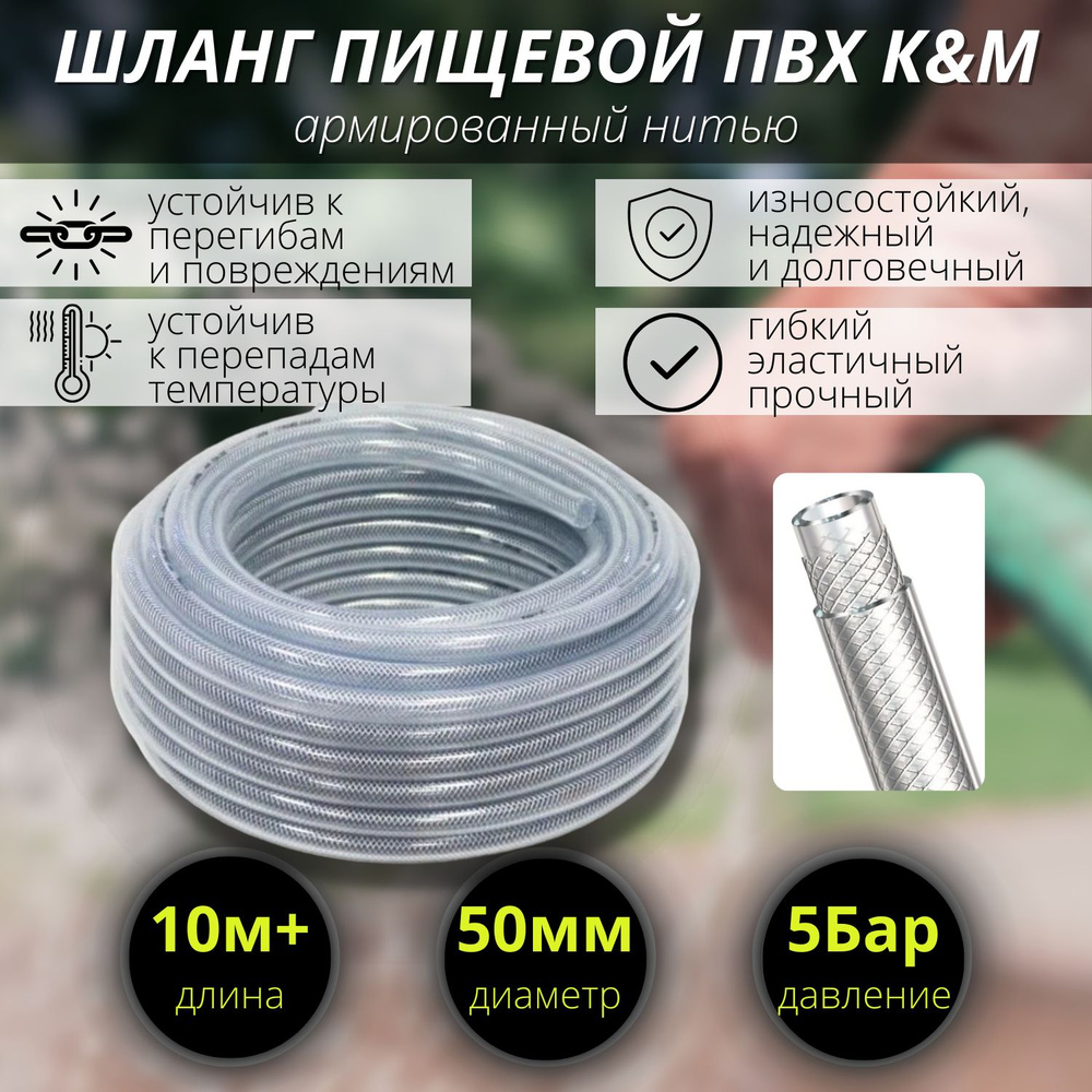 Шланг ПВХ 50 мм, пищевой, прозрачный армированный нитью. 10 метров +... #1