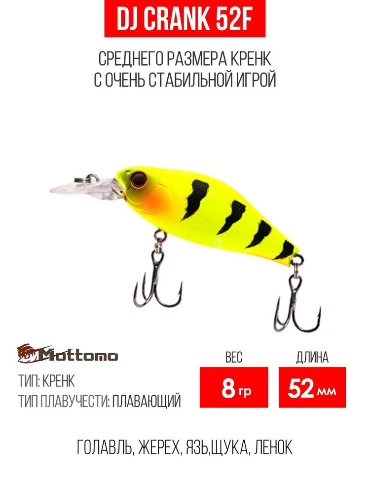 Воблер для рыбалки Mottomo DJ Crank 52F 8g Crazy Tiger, крэнк плавающий для спиннинга. Приманка на голавля, #1