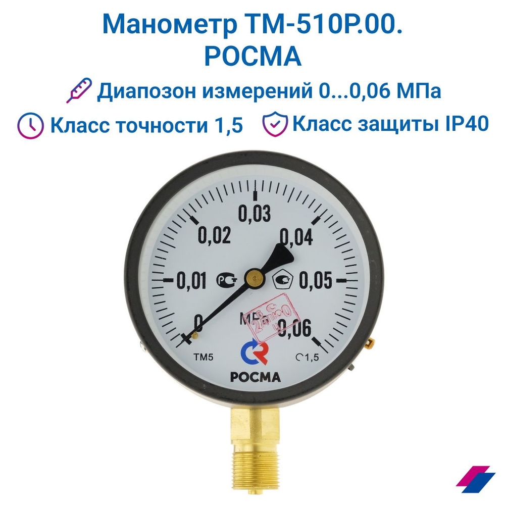 Манометр ТМ-510Р.00 (0...0,06 МРа) М20х1,5: класс точности -1,5 РОСМА  #1