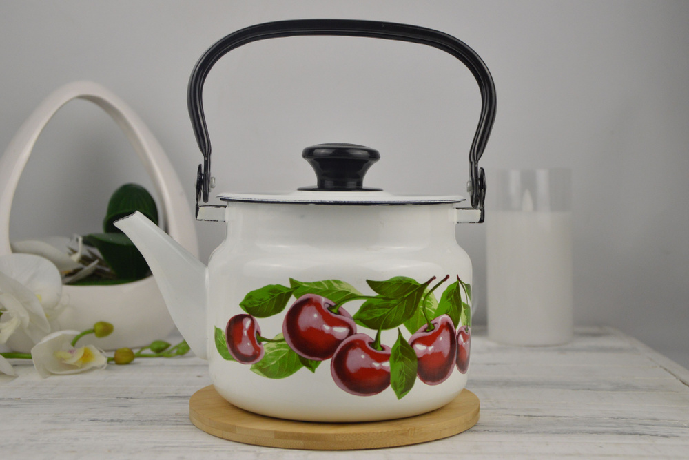 Чайник эмалированный 2л Вишневый сад (белая) / чайник для дома / чайник ...