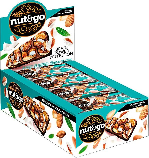 Nut&Go, батончик с миндалём, кокосом, карамелью, упаковка, 18 штук по 36 грамм  #1