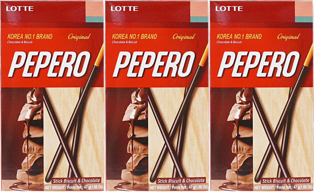 Печенье Lotte Pepero соломка в шоколаде, комплект: 3 упаковки по 47 г  #1