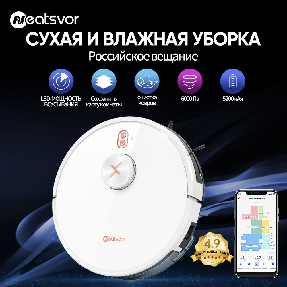 NEATSVOR Робот-пылесос X600 Pro,сухая и влажная уборка,Всасывание 6000  Па,аккумулятор 5200мАч,(русская версия), белый