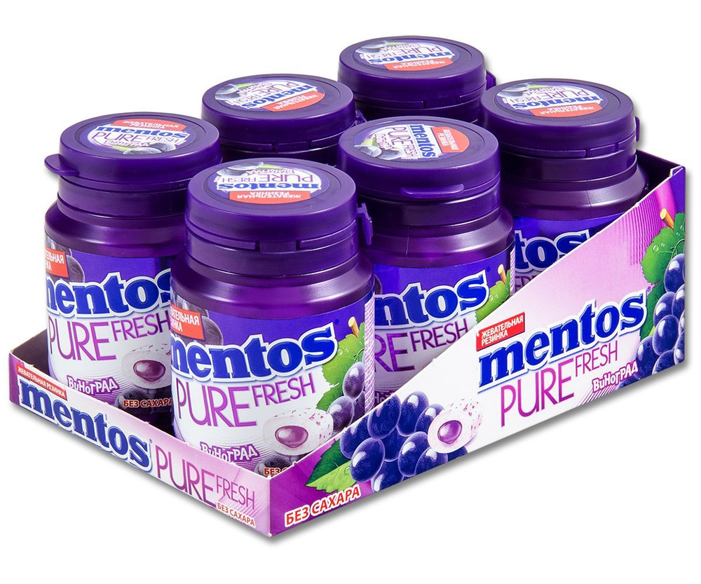 Жевательная резинка Mentos Pure Fresh Виноград, без сахара, в банке, 54 г, 6 шт.  #1
