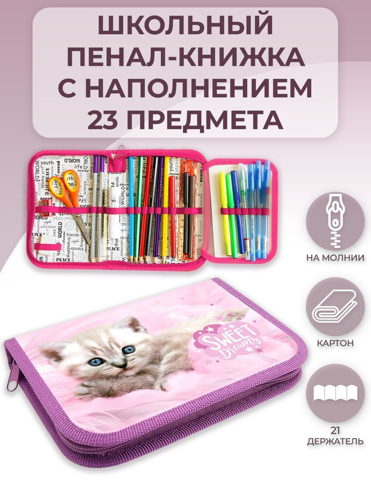 Пенал школьный с наполнением 23 предмета, тканевый 190х130х40 мм, с одной планкой, 1 отделение  #1