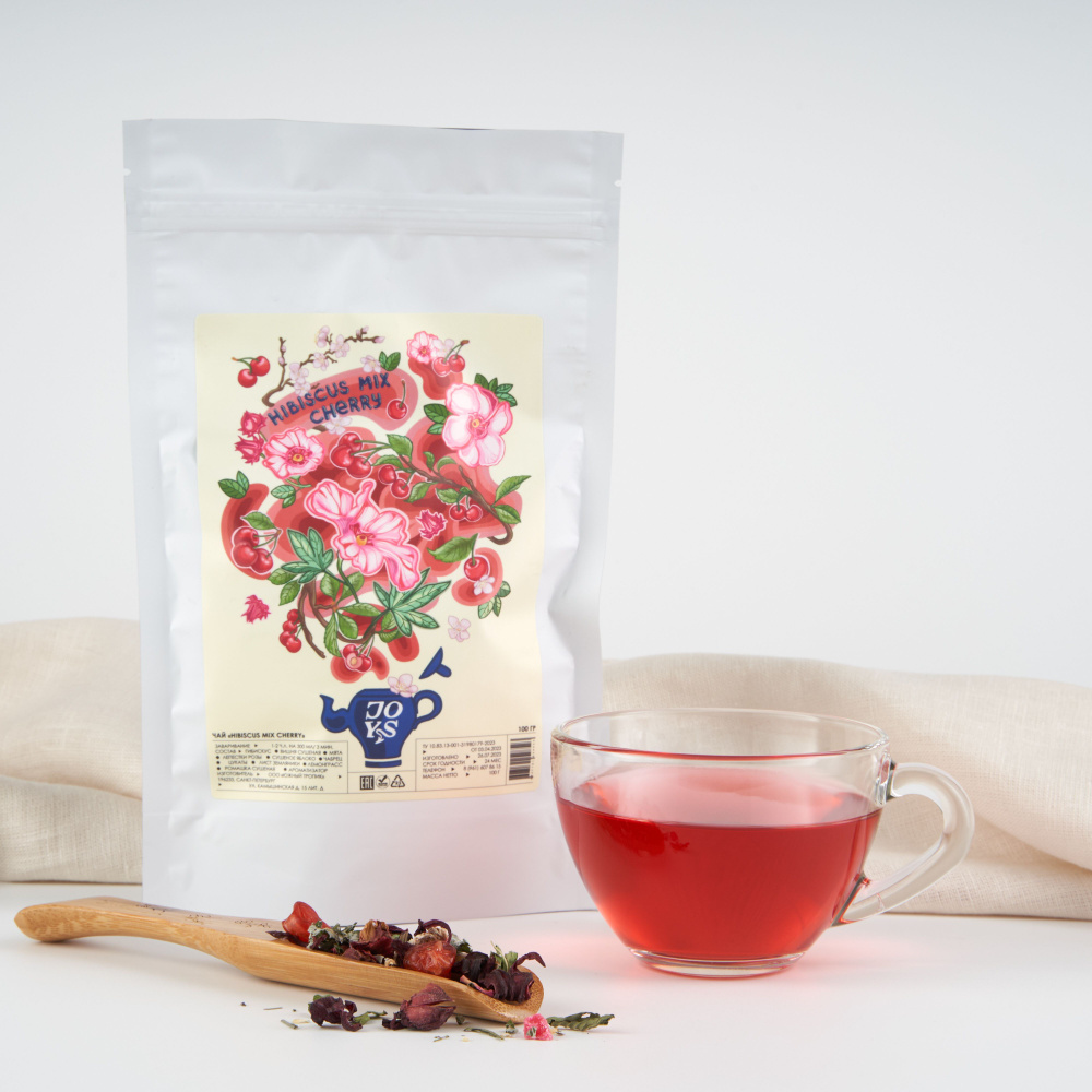Чай Каркаде с Вишней Joys 100г., Фруктовый Красный Чай с гибискусом, мятой, яблоком, листьями земляники, #1