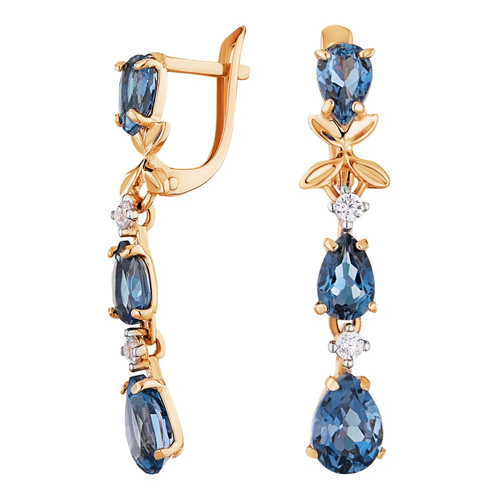 JC Серьги золотые длинные Капли с топазом London; топазом Swiss Blue ...