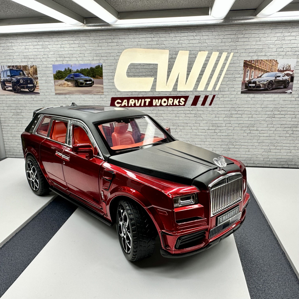 Машинка металлическая Роллс Ройс Куллинан Rolls-Royce Cullinan Mansory  красно-черный, масштаб 1:20, длина 23 см., свет и звук, открываются двери,  капот и багажник - купить с доставкой по выгодным ценам в интернет-магазине  OZON (