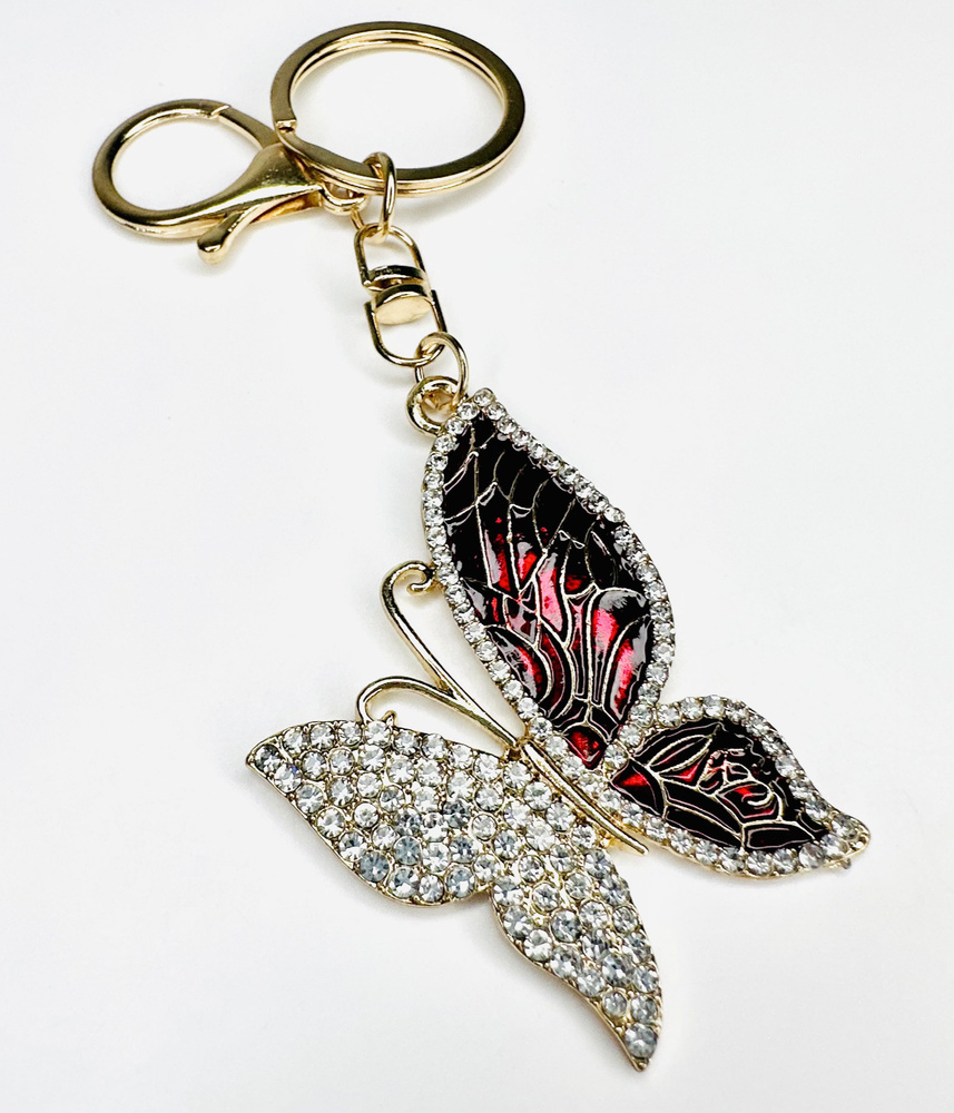 Брелок с карабином для ключей для сумки, большой золотой брелок с крупными камнями, бордовая бабочка #1